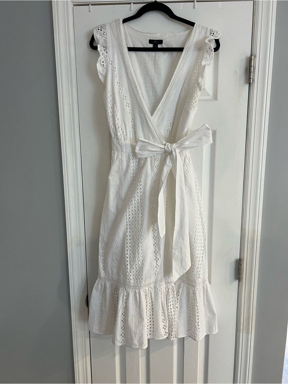 J. Crew White Eyelet Wrap Midi Dress with Tie Waist